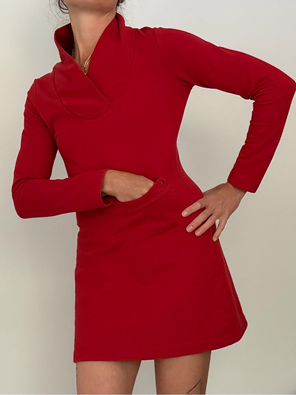 Lole Red Sweatshirt Long-Sleeve Mini Dress w/ Draped Stand Collar Organic Cotton